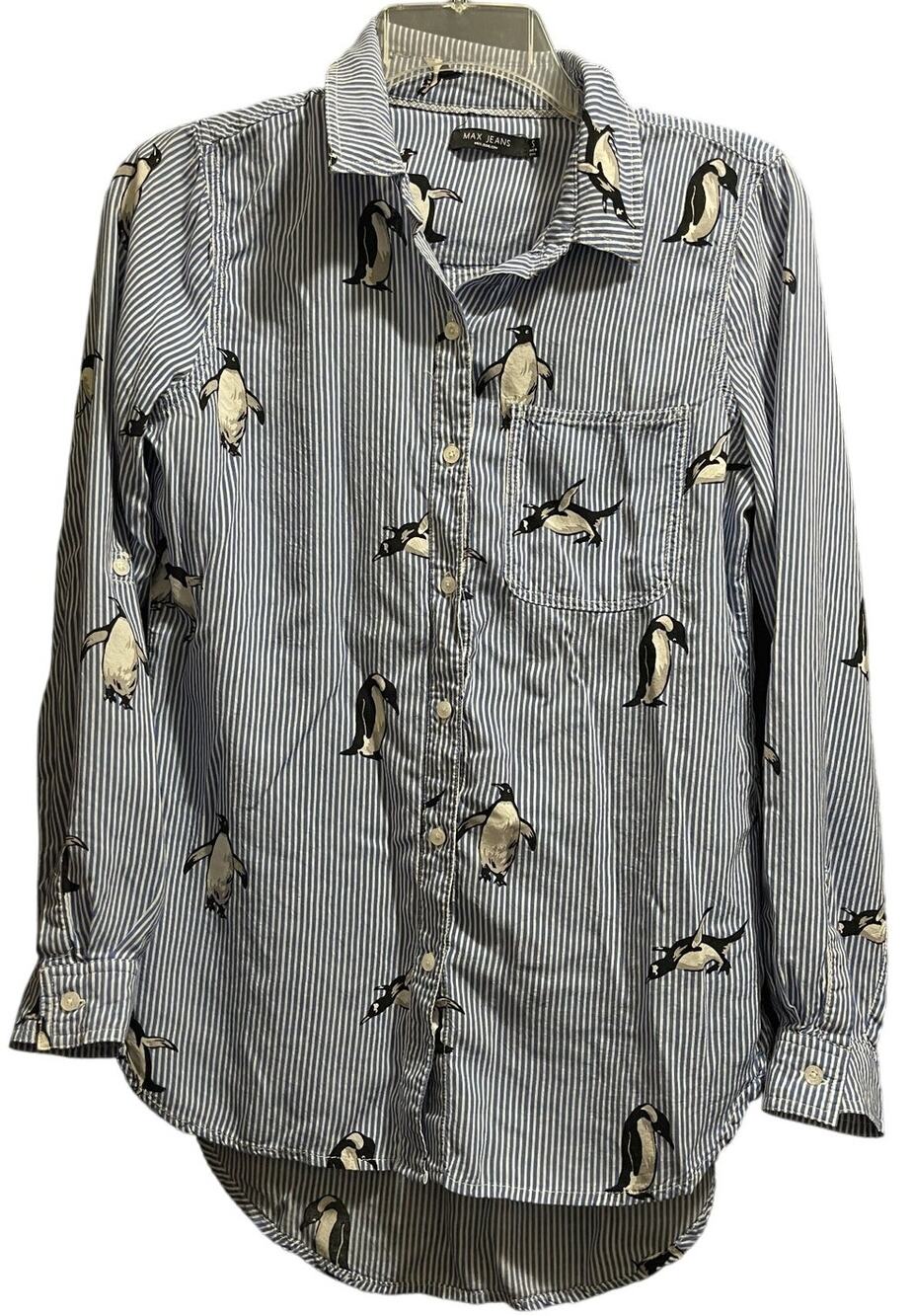 Max Jeans Size Small Blue Pinstripe Penguin Print Long Sleeve Blouse